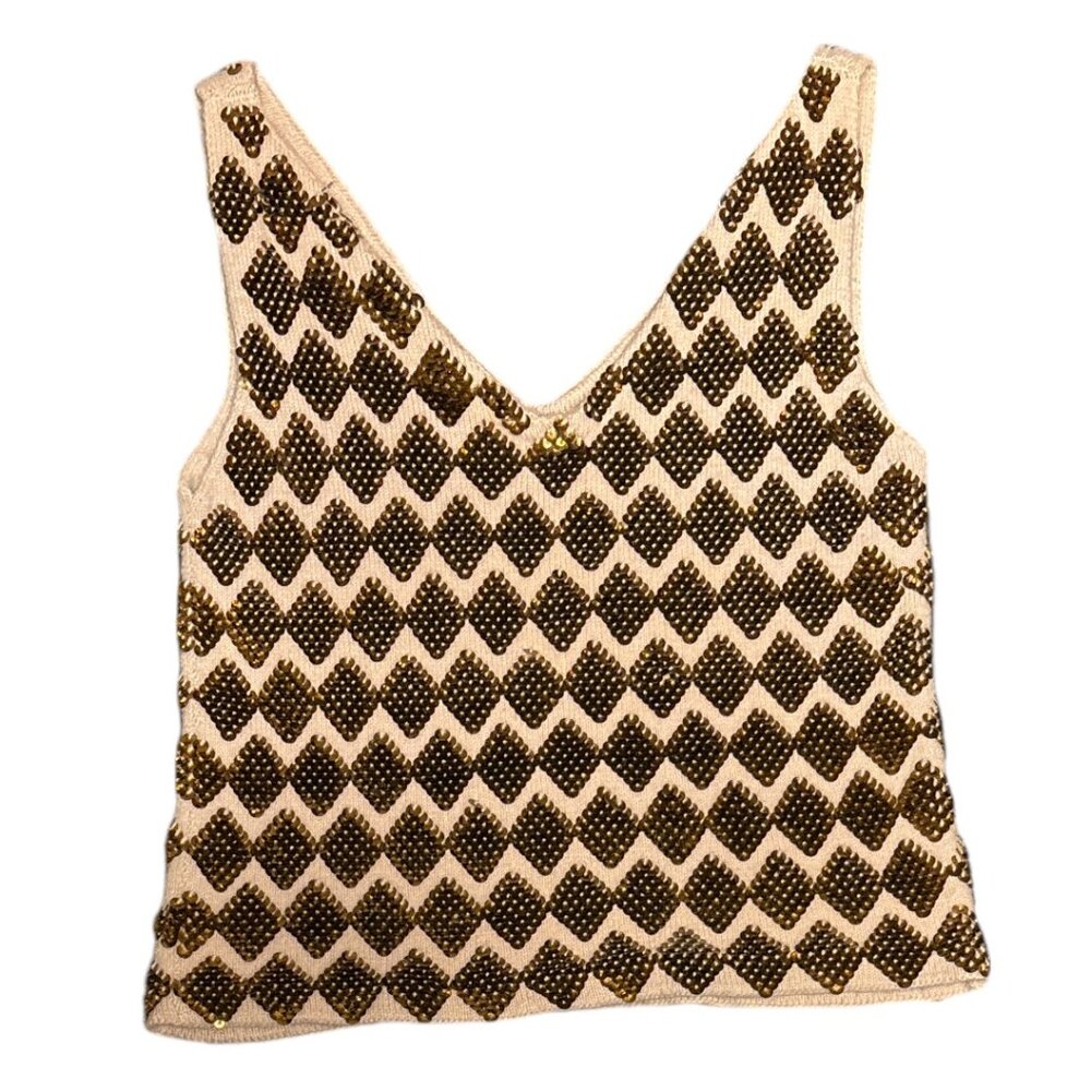 Vintage Hand Beaded Gold Sequin Wool Tank Top Size Small